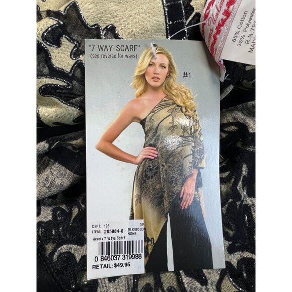 Black Tan 7-Way Scarf Poncho Top Metallic Threading  Fringe By Kokomo Unlimited - Picture 8 of 12